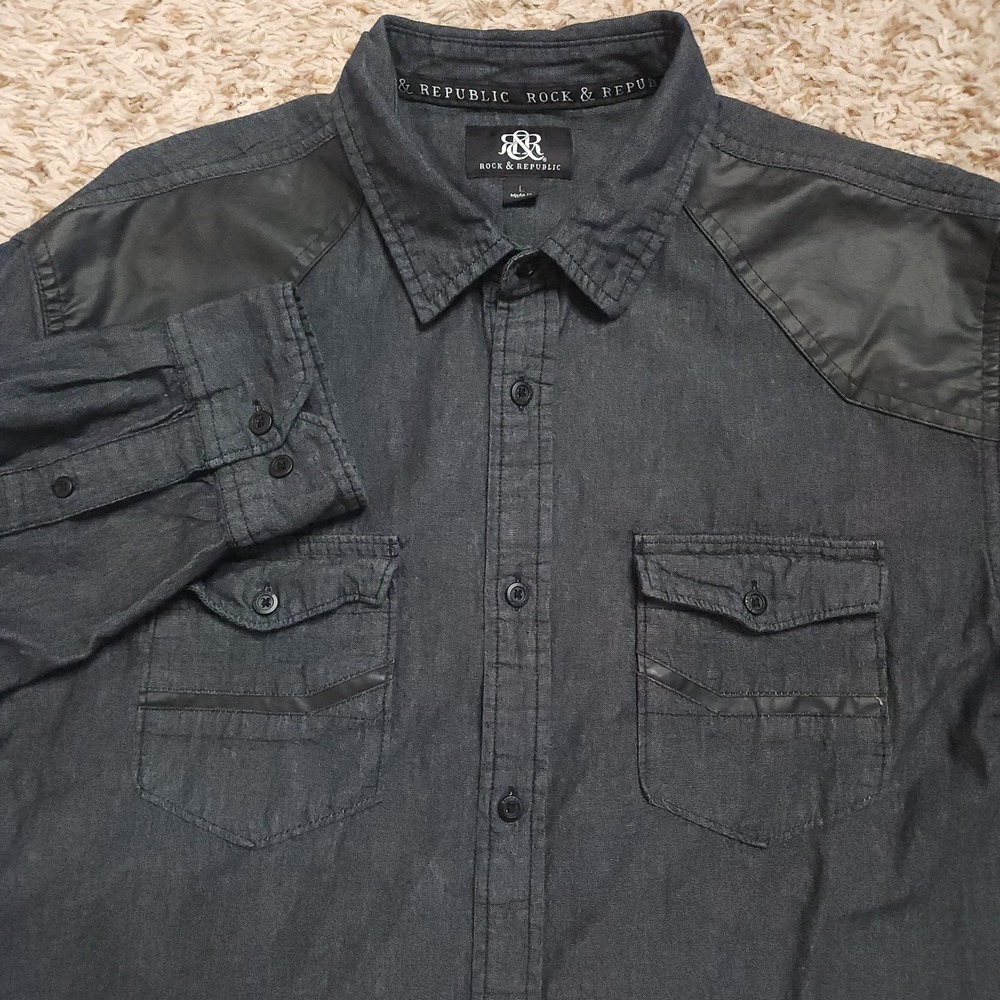 Rock & Republic Mens L‎ Long Sleeve Button Up Navy Blue Shirt